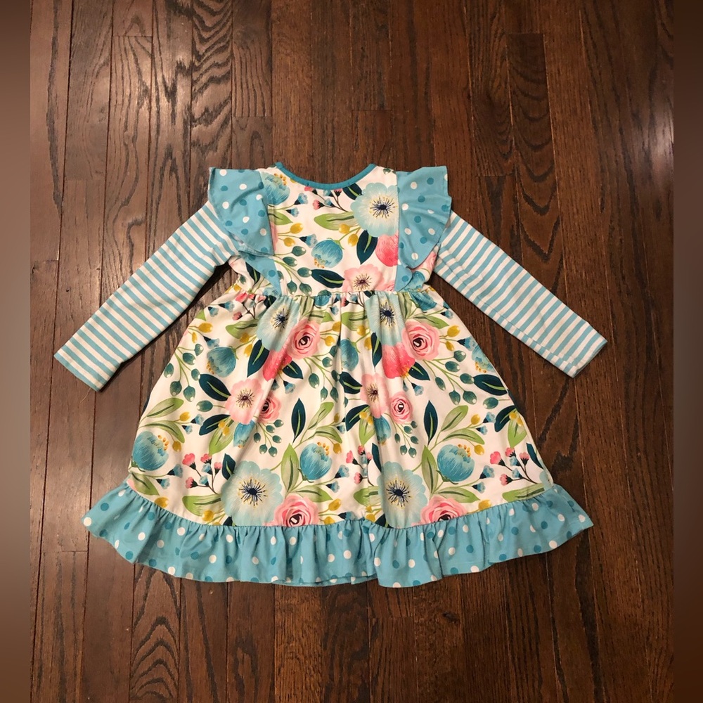 Millie Loves Lily Girls 4 Blue/Pink Floral Striped Long-Sleeved Ruffled Dress - Picture 9 of 10